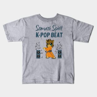 Samurai Spirit  K-pop Beat / Cat with sword and speakers w music notes Kids T-Shirt